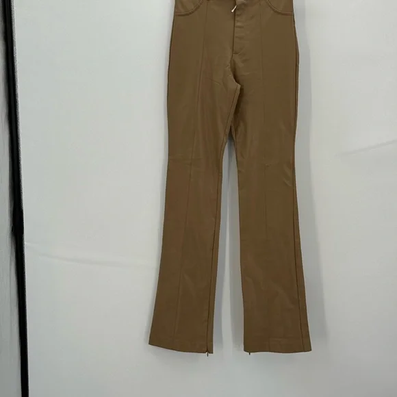Zara Camel High-Waisted Faux Leather Flare Pants Chic Retro Wide Leg Trousers-XS - Picture 11 of 14